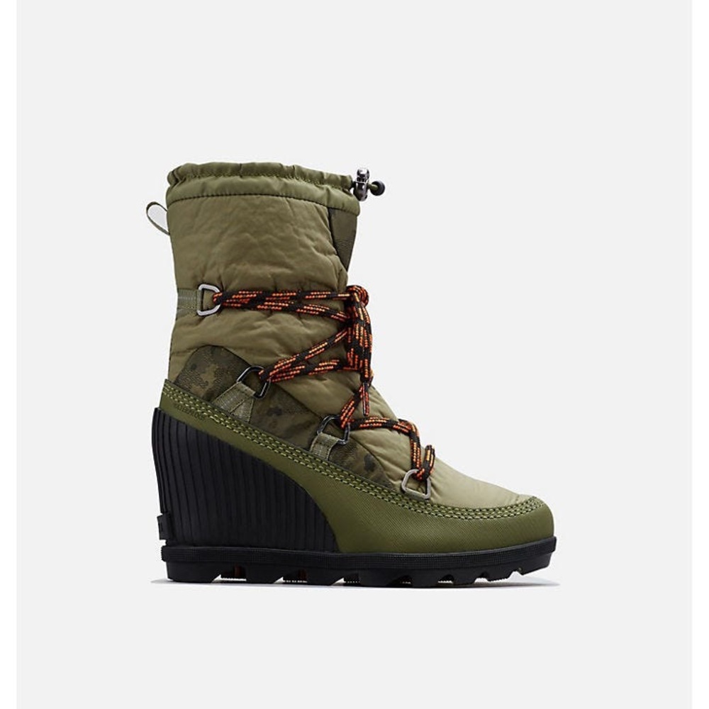 Sorel Olive Green Quilted Wedge Lace-Up Winter Boot with Black Sole